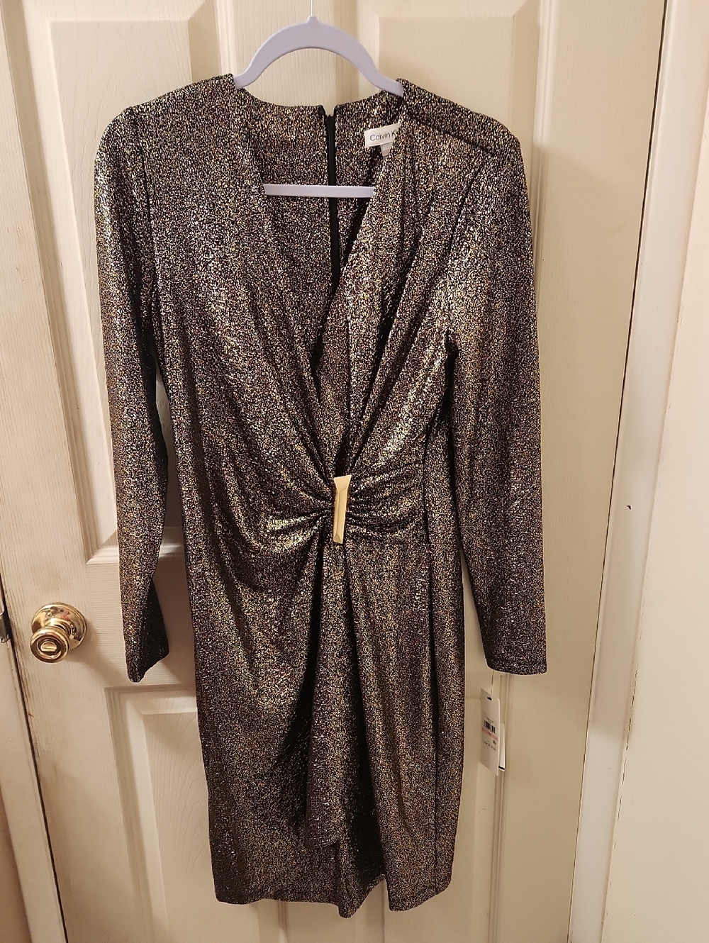 New With Tags Calvin Klein Metallic Gold Twist Long Sleeve Dress size 10 NWT